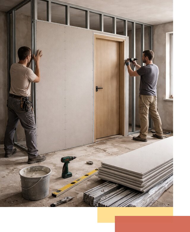 Перегородка из гипсокартона с дверью под ключ в Сосногорске