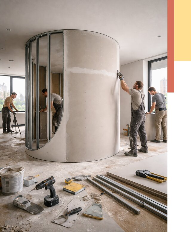 Радиусная перегородка из гипсокартона в Сосногорске от 2992 руб. под ключ | ОТДЕЛОЧНИК-Сно