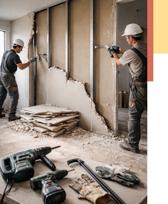 Демонтаж перегородки из гипсокартона в Сосногорске от 1238 руб. быстро и недорого | ОТДЕЛОЧНИК-Сно