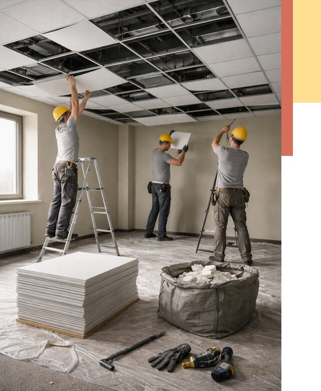 Демонтаж потолка Армстронг в Сосногорске от 4642 руб. быстро и недорого | ОТДЕЛОЧНИК-Сно