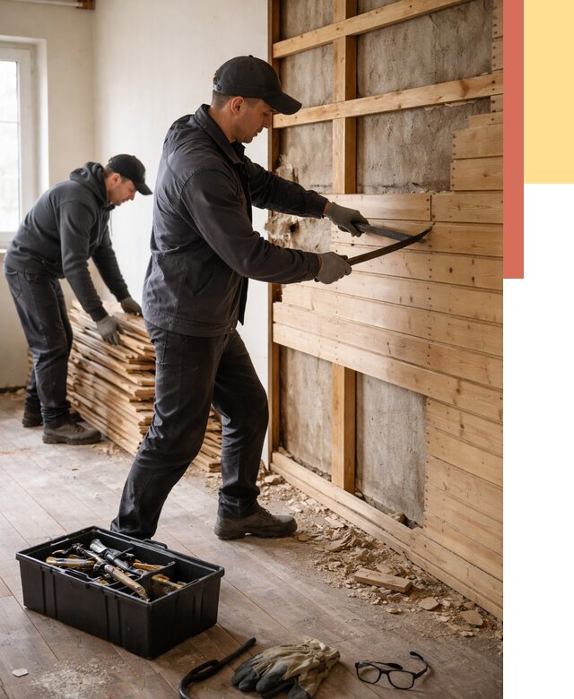 Демонтаж вагонки в Сосногорске от 3920 руб/м2 — быстро и недорого | ОТДЕЛОЧНИК-Сно