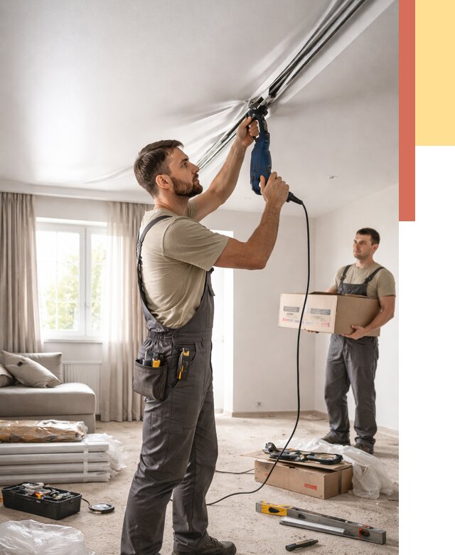 Монтаж сатинового натяжного потолка в Сосногорске от 3611 руб. | Быстро, недорого — ОТДЕЛОЧНИК-Сно