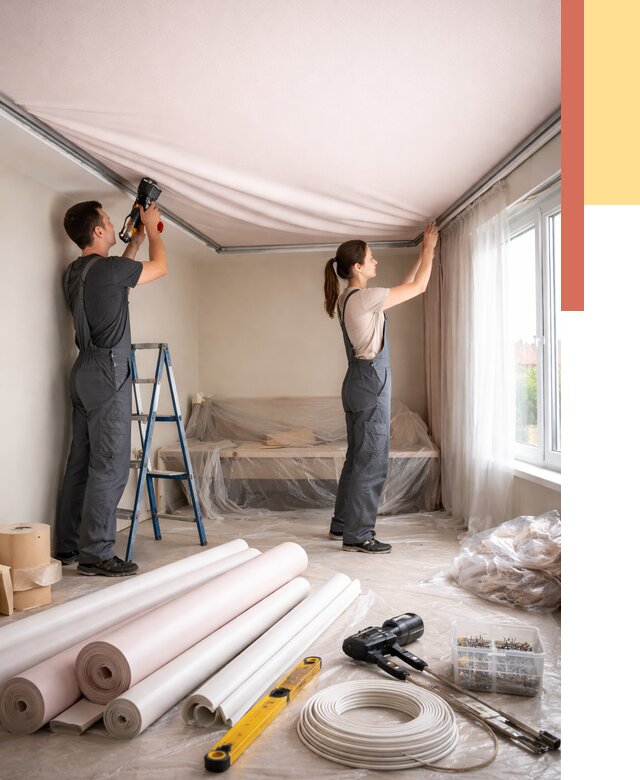 Монтаж цветного натяжного потолка в Сосногорске от 4333 руб/м² — быстро и недорого | ОТДЕЛОЧНИК-Сно