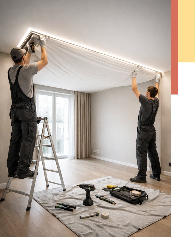 Монтаж парящего натяжного потолка в Сосногорске от 4642 руб. быстро и недорого | ОТДЕЛОЧНИК-Сно