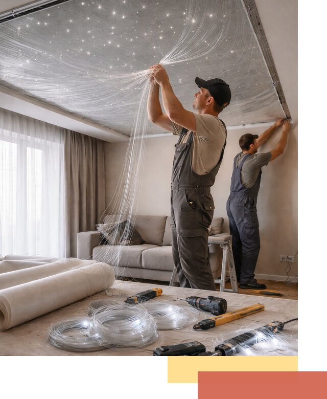 Монтаж натяжного потолка «Звездное небо» в Сосногорске