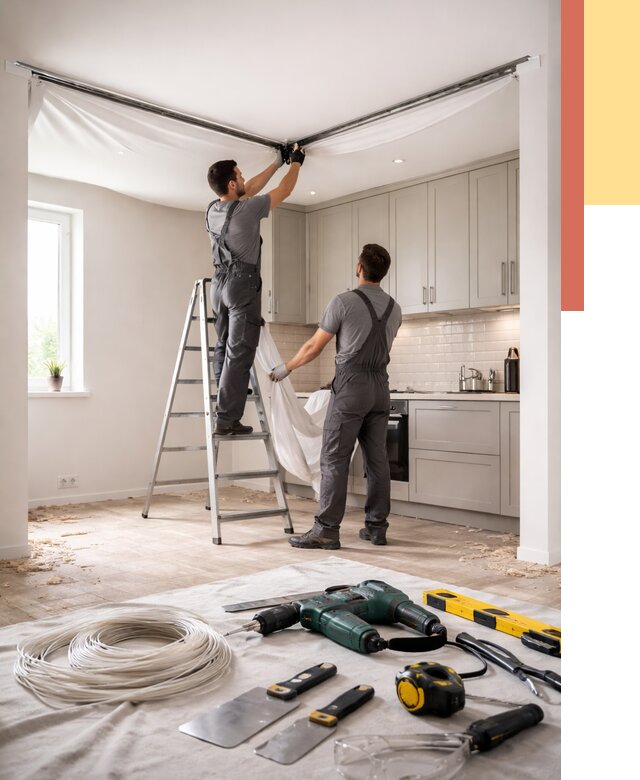 Установка натяжного потолка на кухне в Сосногорске от 2476 руб. | ОТДЕЛОЧНИК-Сно