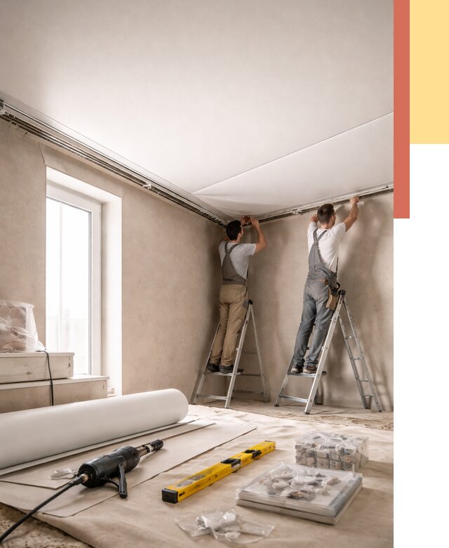 Монтаж натяжного потолка в спальне в Сосногорске от 3920 руб. под ключ | ОТДЕЛОЧНИК-Сно