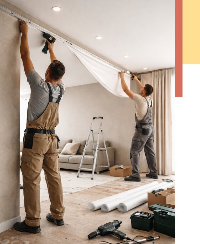 Монтаж натяжного потолка в гостиной в Сосногорске от 567 руб. | ОТДЕЛОЧНИК-Сно