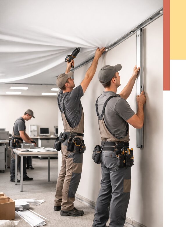 Монтаж натяжного потолка в офисе в Сосногорске от 464 руб/м² — быстро и недорого | ОТДЕЛОЧНИК-Сно