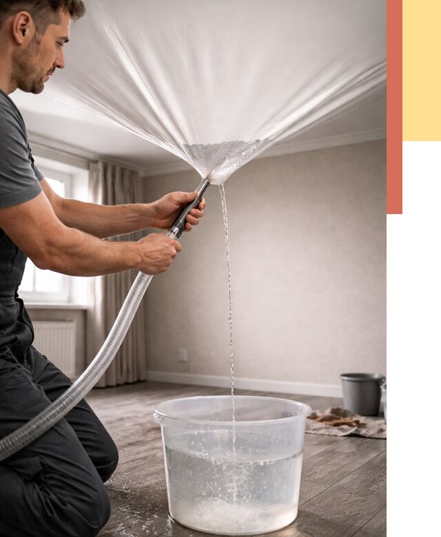 Слив воды с натяжного потолка в Сосногорске от 2579 руб. быстро и недорого | ОТДЕЛОЧНИК-Сно