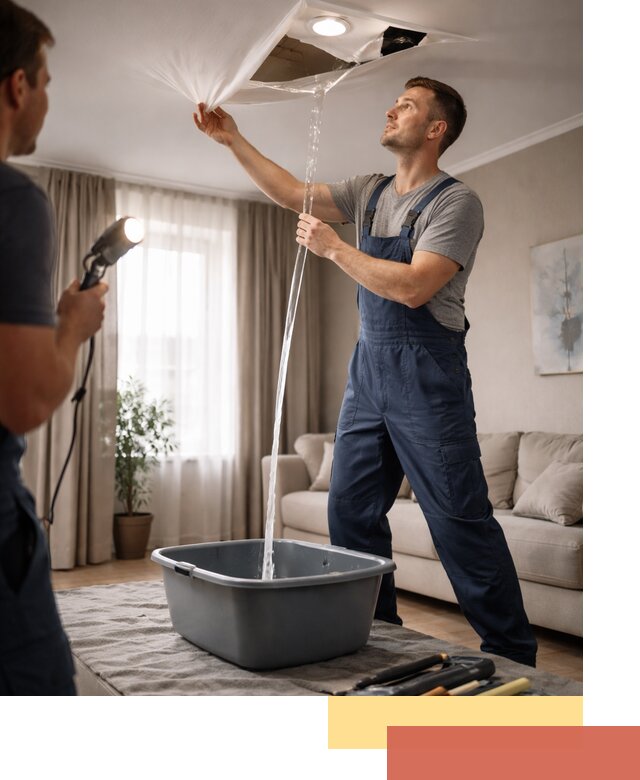 Слив воды с натяжного потолка в Сосногорске быстро и аккуратно