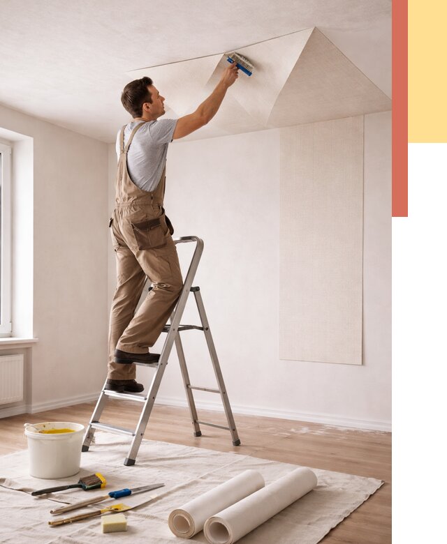 Поклейка обоев на потолок в Сосногорске от 4642 руб. быстро и недорого | ОТДЕЛОЧНИК-Сно